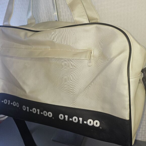 Retro White & Black Shoulder Tote Bag With "01-01-00" Print Zipper Closure Y2K - Picture 3 of 10